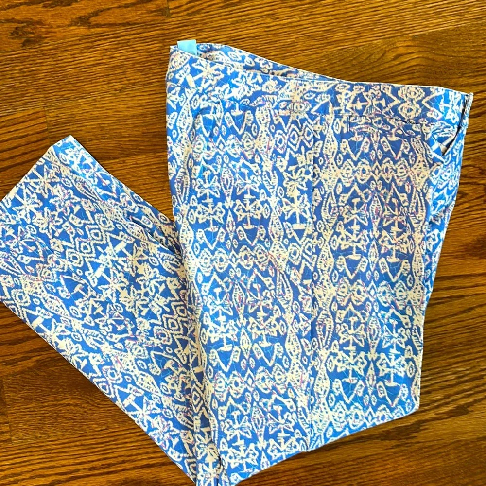 SO blue Sigrid Olsen size 8 blue purple white pattern pants - Picture 1 of 4